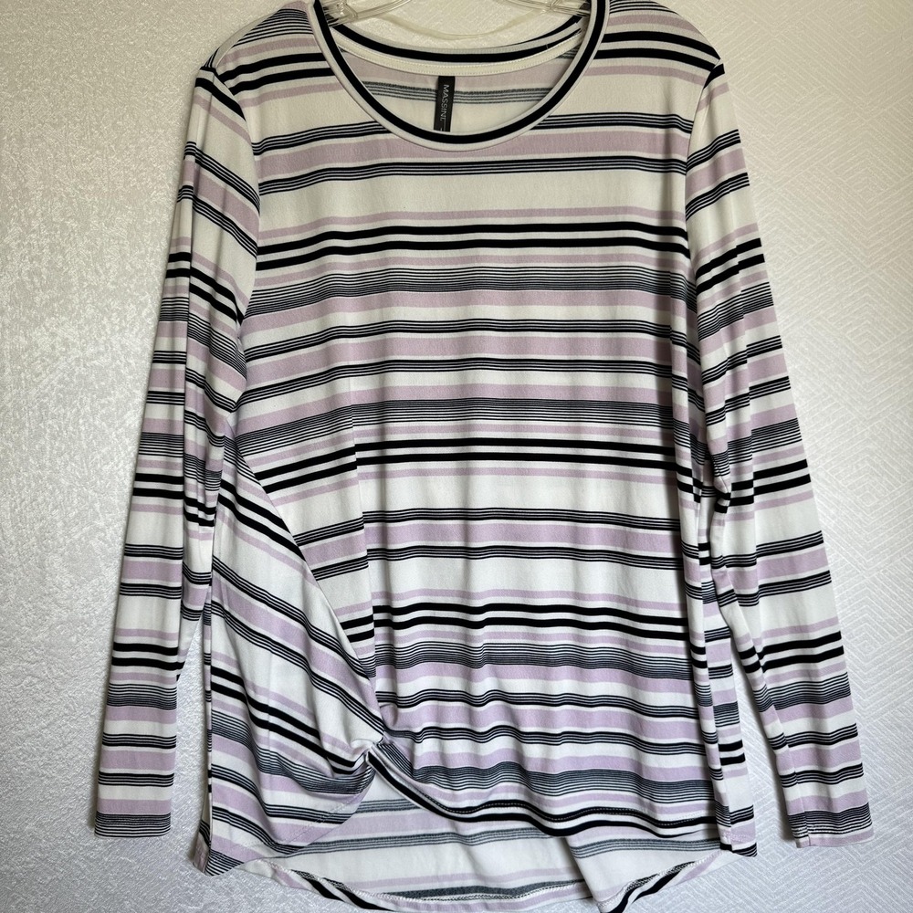 Massini Shirt Womens Large Striped Long Sleeve Knot‎ Hem Casual Top Blouse